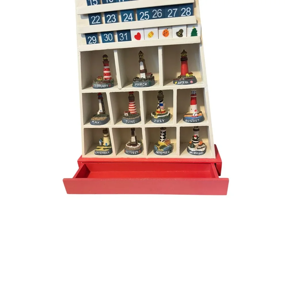 Vintage Lighthouse Wooden Perpetual Calendar Nautical Wall Decor with Figurines